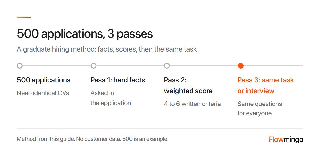 Graduate hiring screen in 3 passes: hard facts, weighted score, then the same task or interview