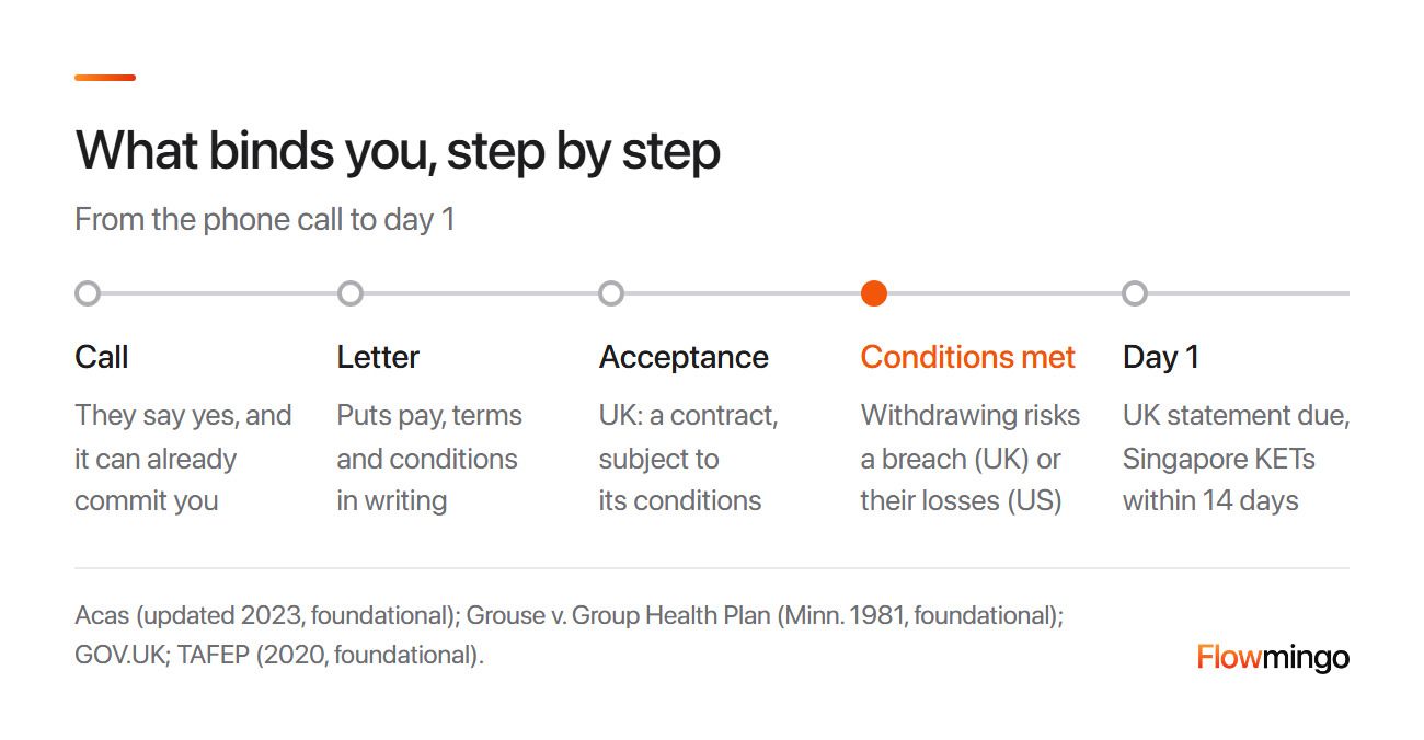 Employment offer letter steps: call, letter, acceptance, conditions met and day 1, with what binds the employer at each