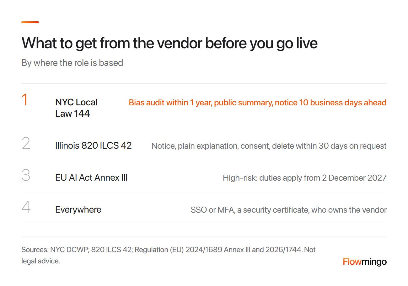 Law checklist for AI interview software for recruiters: NYC bias audit and 10 business days notice, Illinois consent and deletion within 30 days on request, EU high-risk from 2 December 2027
